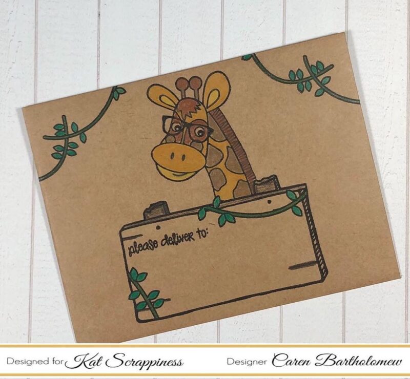 A Shaker Card and Envelope with Giraffe Designs and handmade Paper