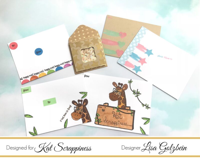 A Shaker Card and Envelope with Giraffe Designs and handmade Paper