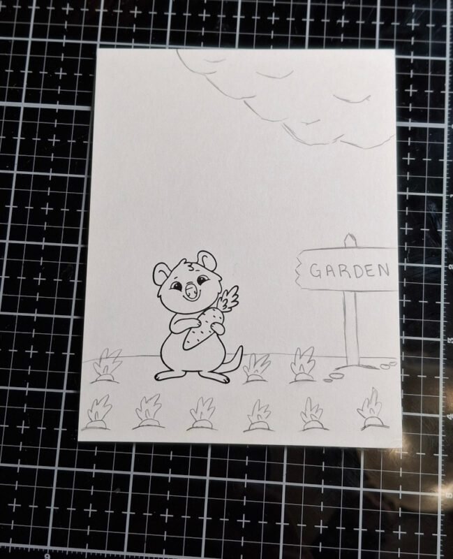 A garden scene has been sketched into the panel using a pencil. 